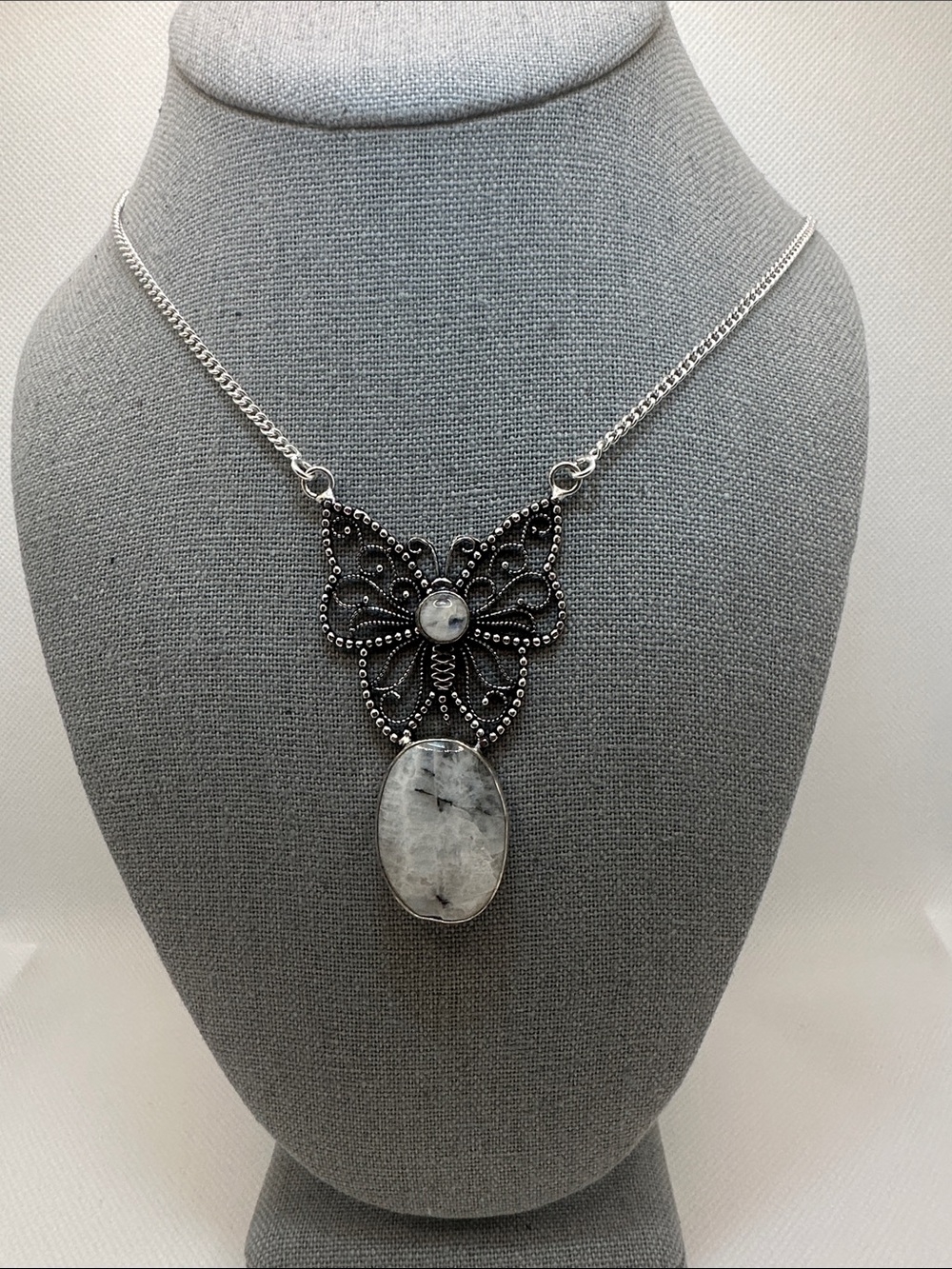 Geniune Rainbow Moonstone Butterfly Pendant Necklace